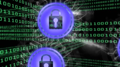 animación de la red de conexiones con iconos de seguridad en línea a través de codificación binaria