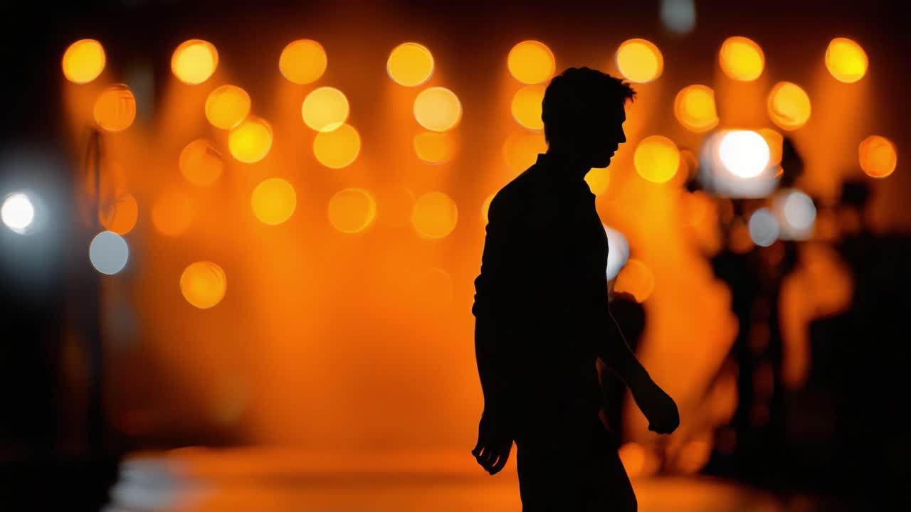 Una figura solitaria cammina su un palco illuminato da luci arancioni calde, proiettando una silhouette drammatica sullo sfondo vivace di lampadine e ombre luminose.