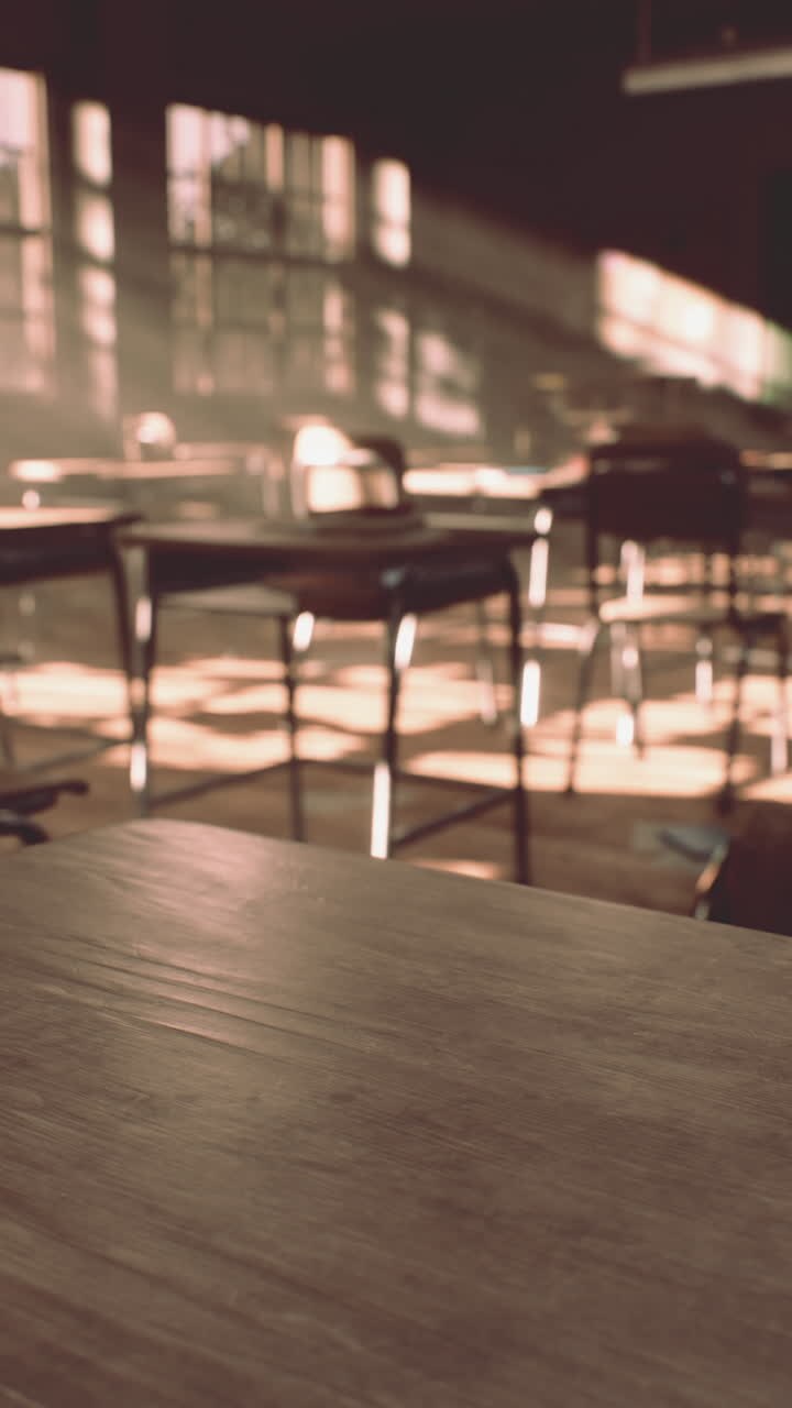 Empty Classroom with Sunlight Streaming Through Windows