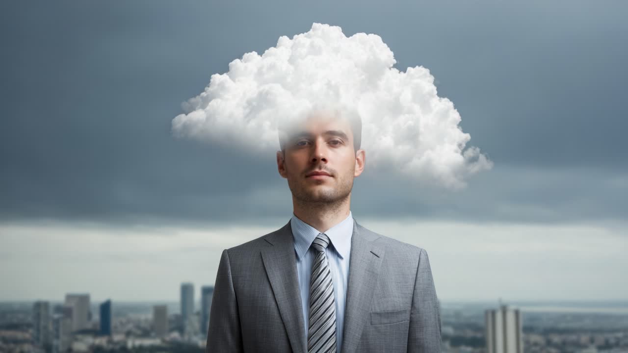 A Metaphorical Representation of Clouded Thoughts, Showing a Businessman with a Cloud Instead of a Head, Symbolizing Innovation and Unconventional Ideas in Corporate Environments