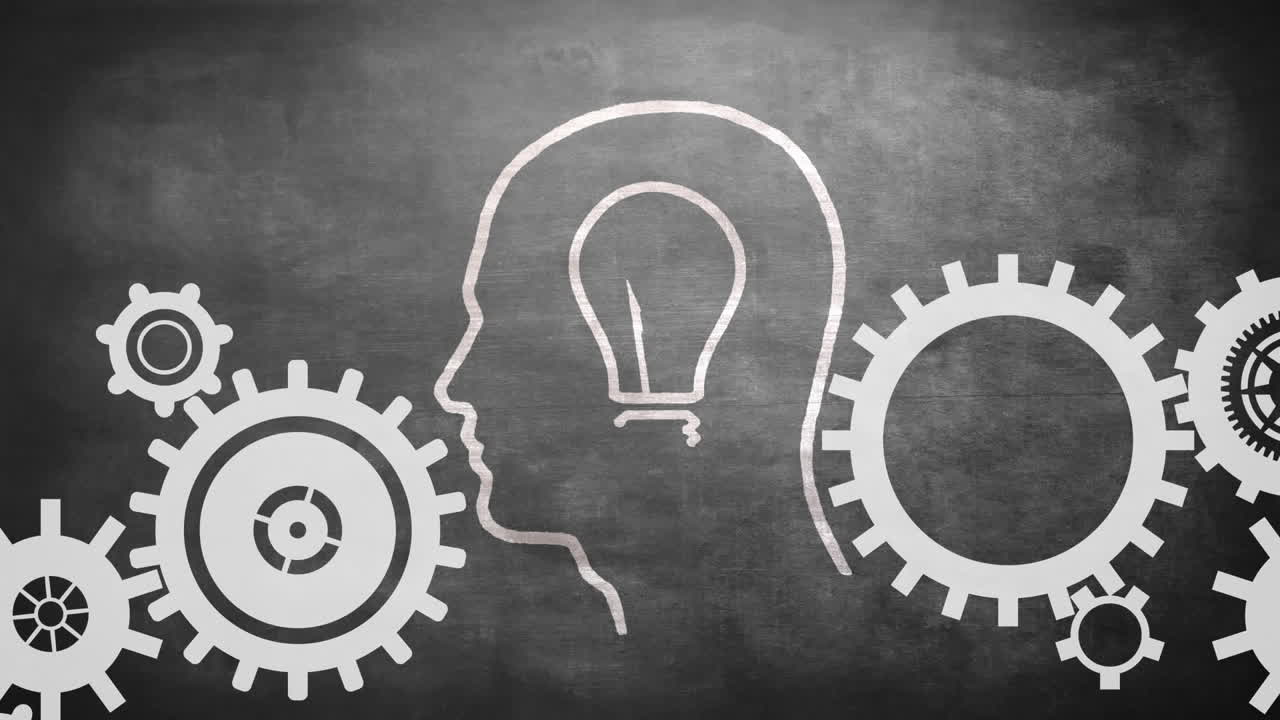 perfil de hombre con bombilla y engranajes