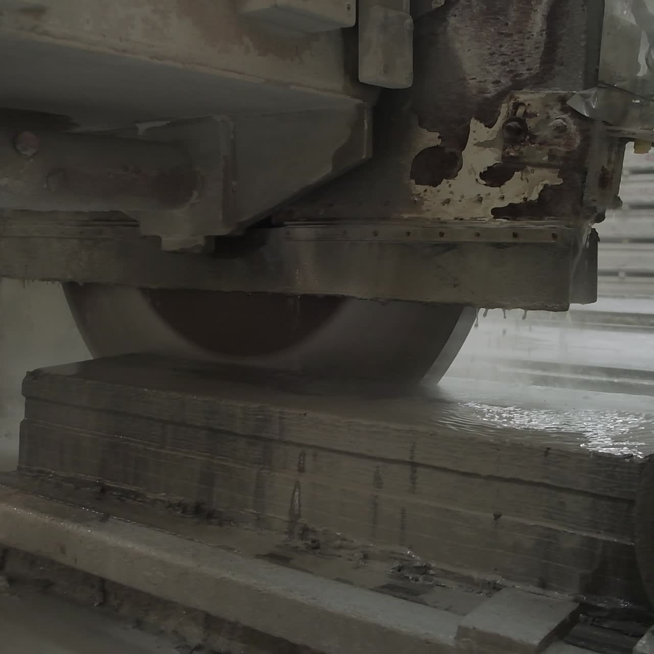 Huge round blade cutting the armored concrete plate. Drops of water dripping from the working mechanism for cooling machine