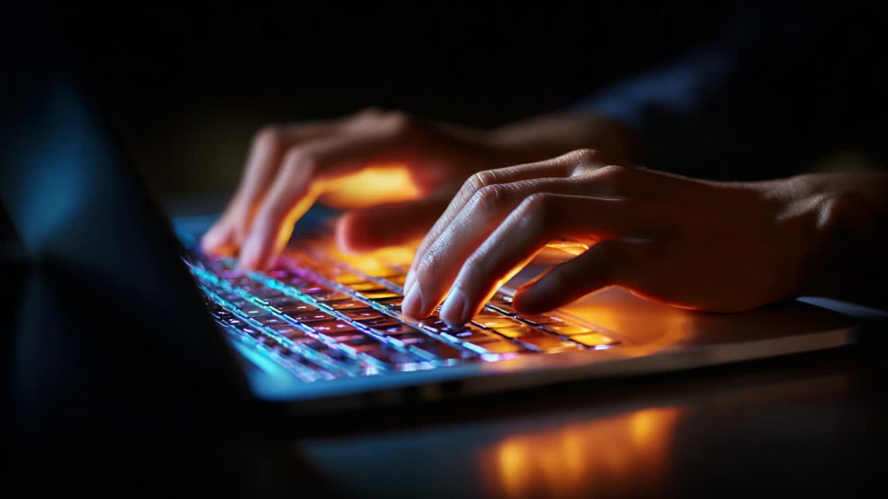 Illuminated Keyboard Typing: A Close-Up View of Hands in a Dark Environment Producing Light on a Laptop's Keyboard as They Engage in Digital Communication and Creative Activities Through Technology