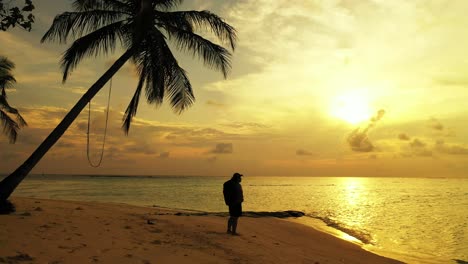 silhouette of backpacker girl on an exotic beach with palms bent over calm lagoon at golden sunset in seychelles