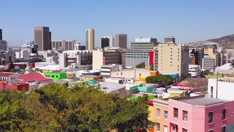 在樹冠上空顯示多彩的bo-kaap cape town街區和市中心城市天際線