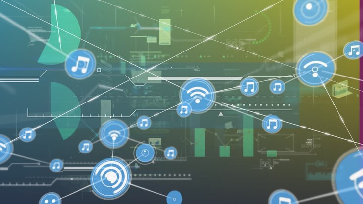 Animation of network of connections with icons over data processing