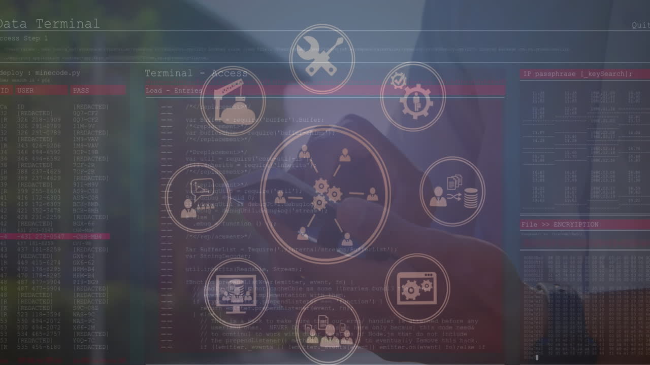 디지털 아이콘과 데이터 처리의 애니메이션 스마트 폰을 사용하는 남자의 중간 섹션 야외