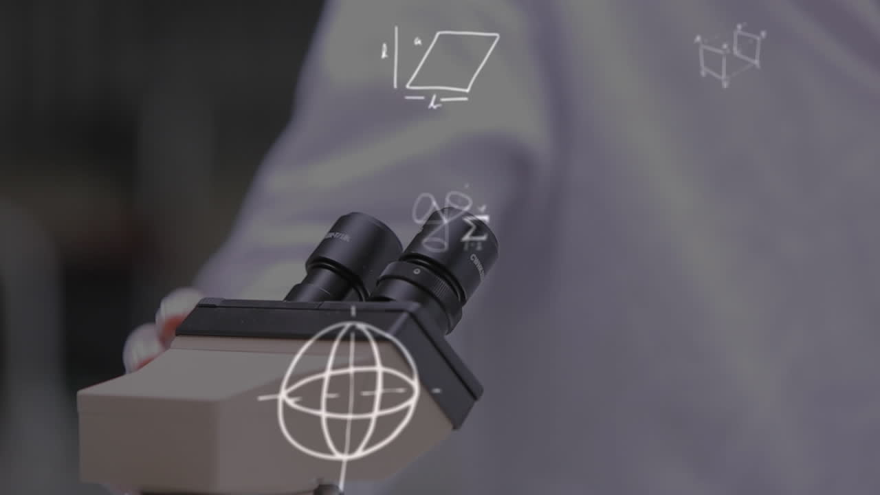 수학적 다이어그램을 실험실에서 현미경을 사용하여 남성과 여성 의료 종사자들과 비교합니다.