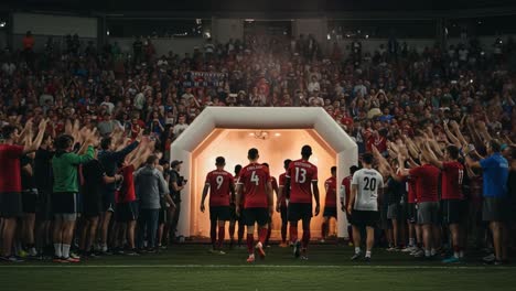 excitement builds as players enter the field, welcomed by roaring fans, setting the stage for an electrifying match with anticipation in the air