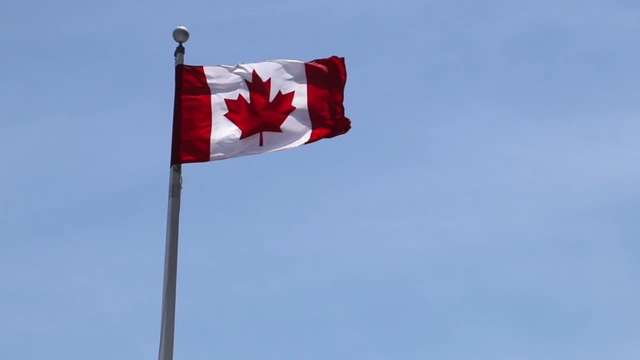 A  shot of the Canadian flag moving in the wind with a blue clear sky in the background.