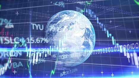 financial data and stock market animation over rotating earth with binary code