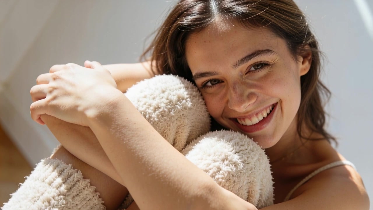 Donna sorridente che abbraccia le ginocchia in un loft, la telecamera si muove e si inclina, mentre indossa un top leggero e scaldamuscoli in posa.