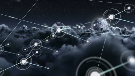 Animation-of-networks-of-connections-with-icons-over-clouds-and-sky