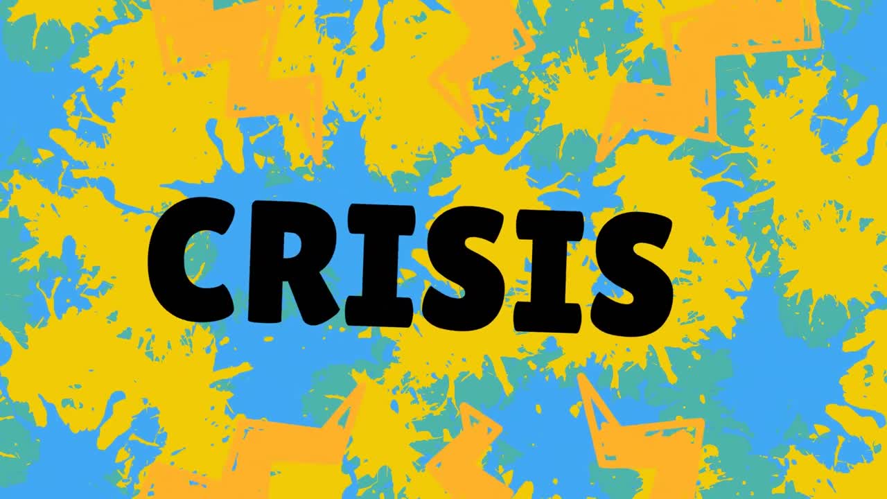 Animación de texto de crisis sobre manchas azules y amarillas