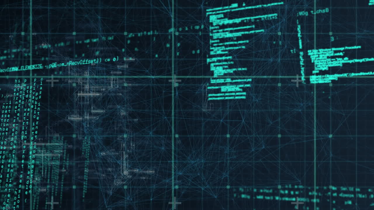Animation of computer programming language over connected dots against abstract background