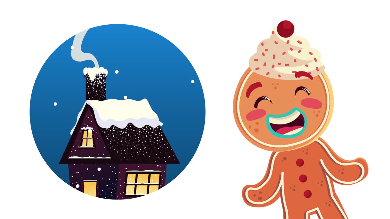 happy merry christmas animation with gingerman cookie and house