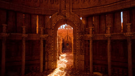 ruined temple with sunbeams streaming through archway