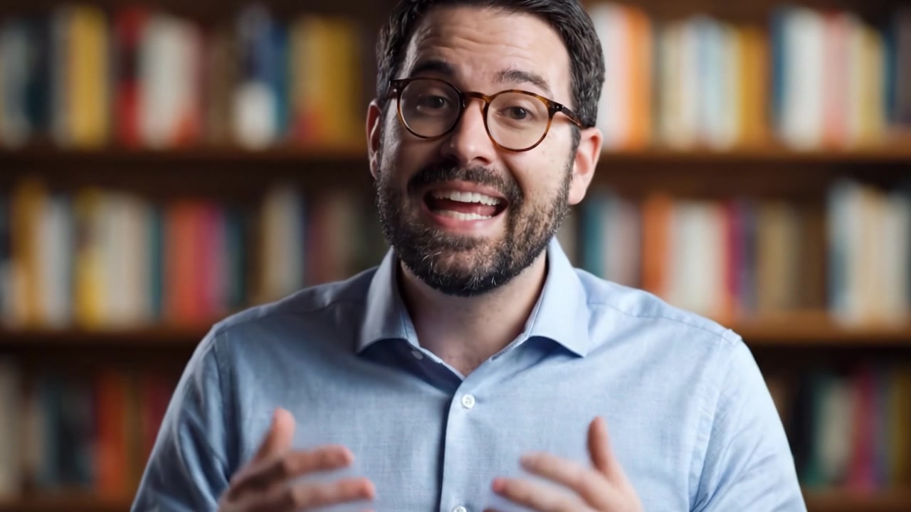 Un Individuo Coinvolgente che Discute Idee con Entusiasmo su uno Sfondo di Librerie Piene di Letteratura e Risorse di Conoscenza