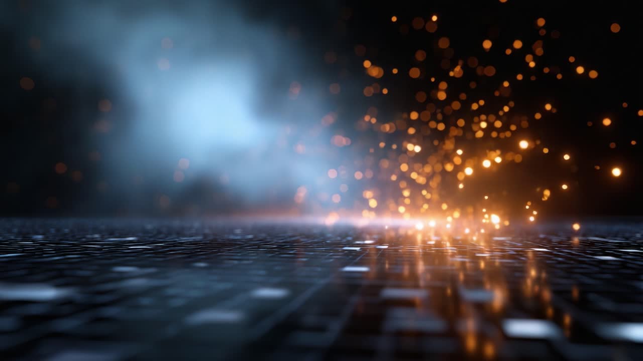 Immagine accattivante di particelle incandescenti e luci scintillanti su una superficie scura, che evoca un senso di mistero e profondità in un ambiente enigmatico