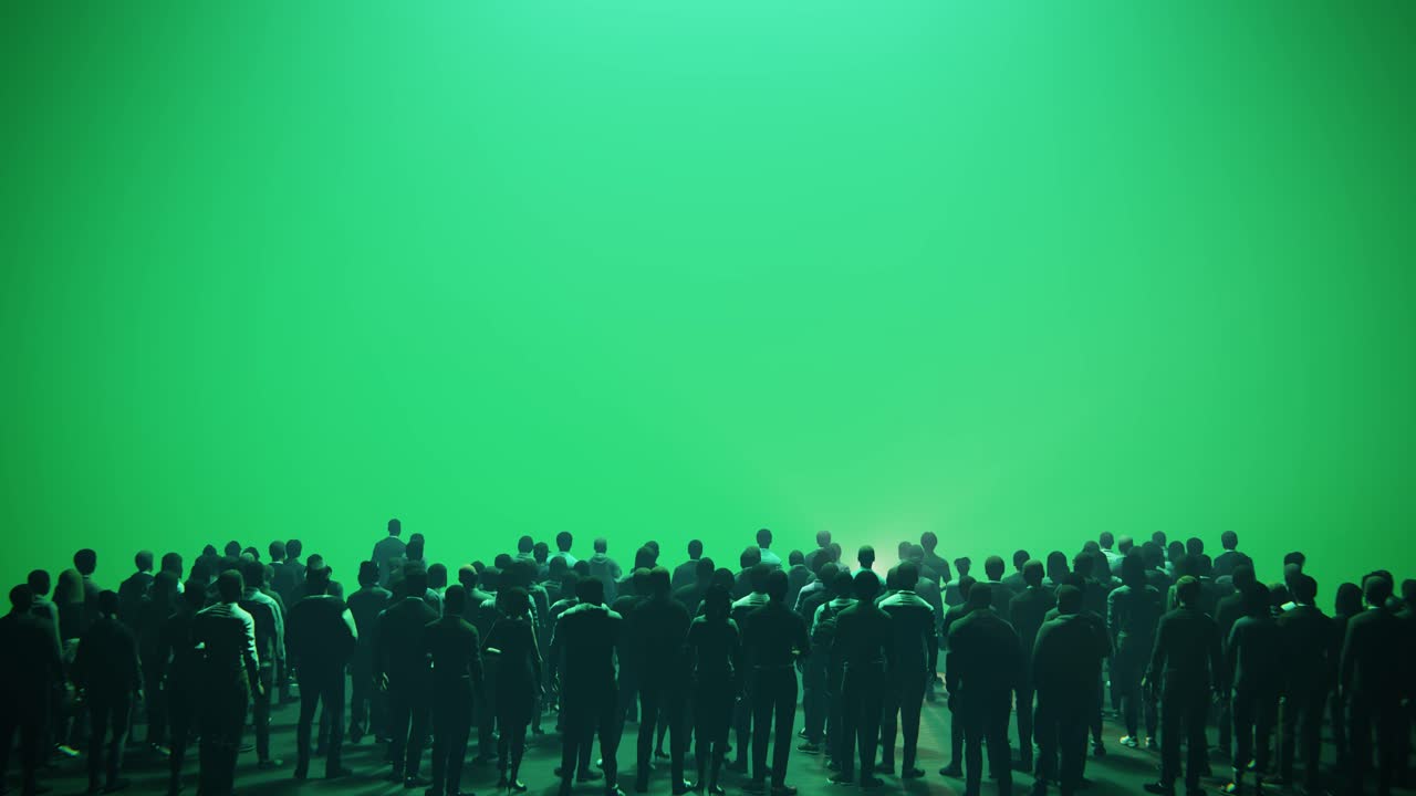 Gesilhouetteerde menigte staand op een groen scherm, kijkend naar fel licht
