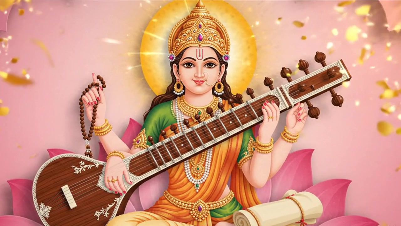 Animação da deusa hindu Saraswati tocando veena
