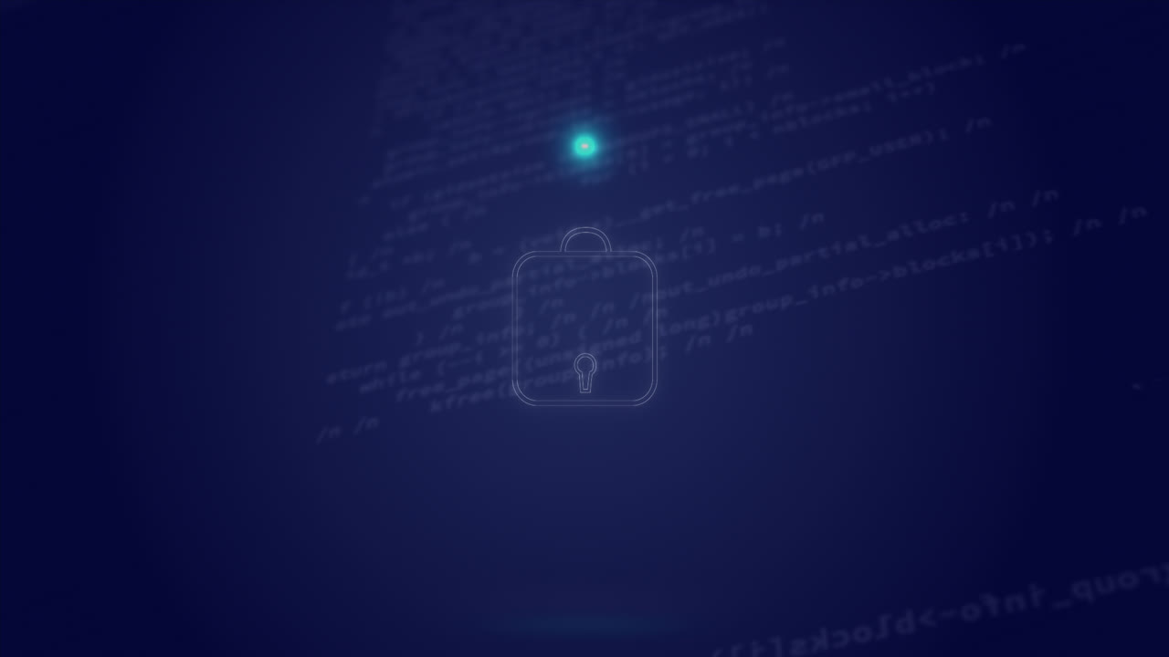 animazione di cerchio al neon con lucchetto digitale su dati sullo schermo digitale della marina