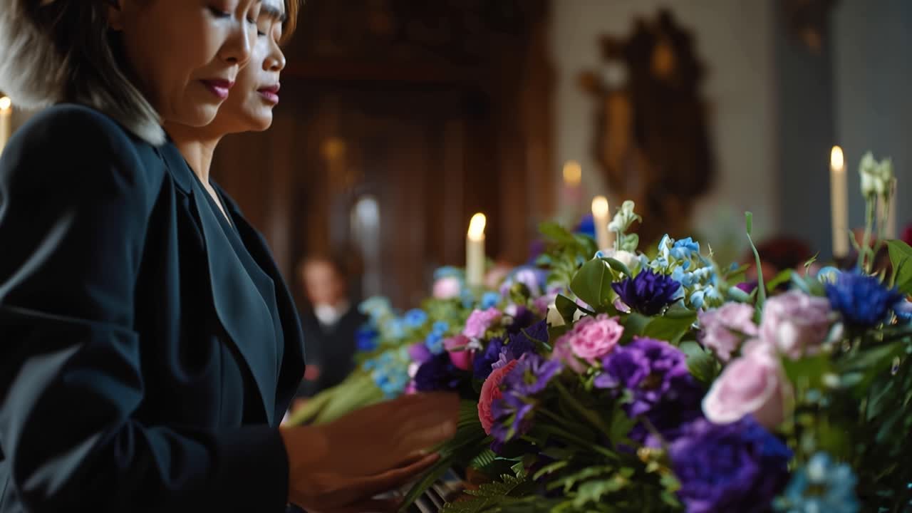 Una donna depone delicatamente dei fiori in un ambiente ecclesiastico solenne. Le candele tremolano dolcemente accanto alla composizione. Il suo sguardo concentrato riflette una solenne riverenza. Adatto per un funerale, una commemorazione.