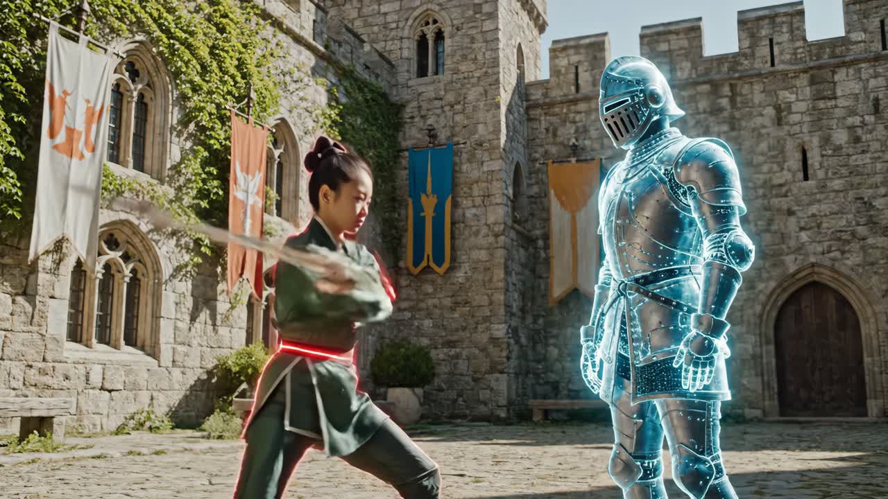 Woman battles knight in courtyard of castle