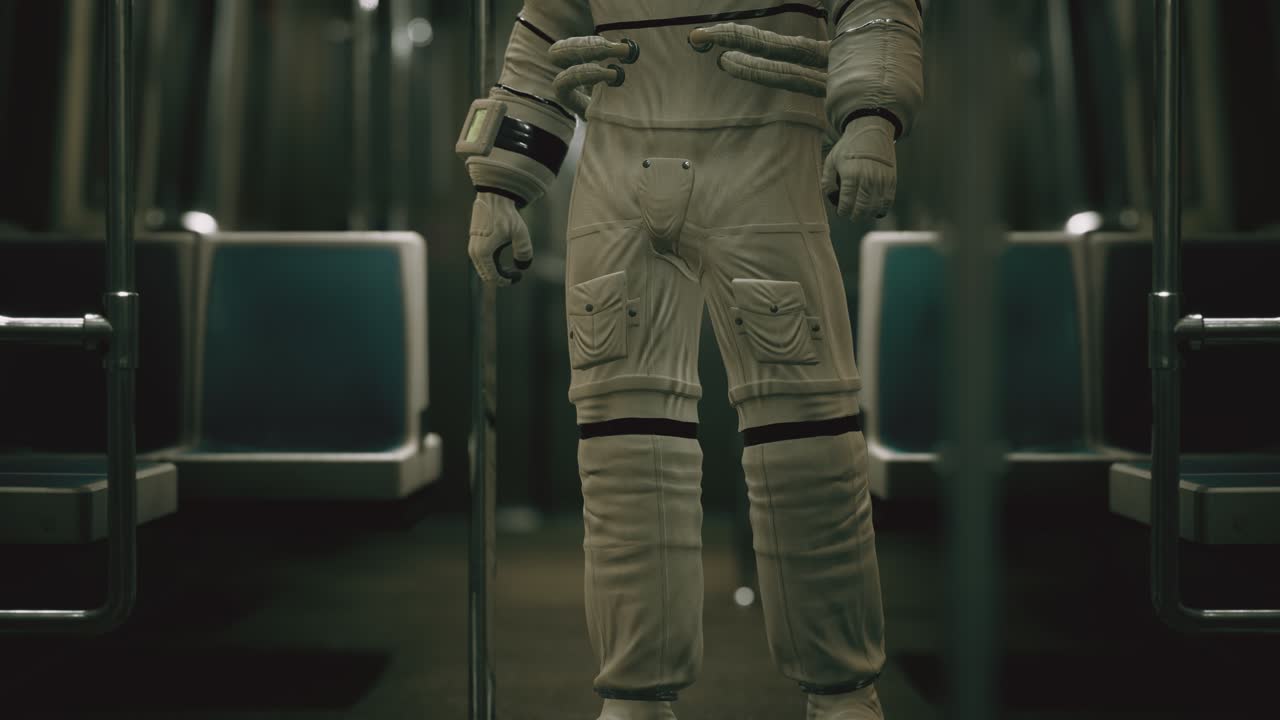 astronauta dentro del viejo vagón de metro no modernizado en ee.uu.