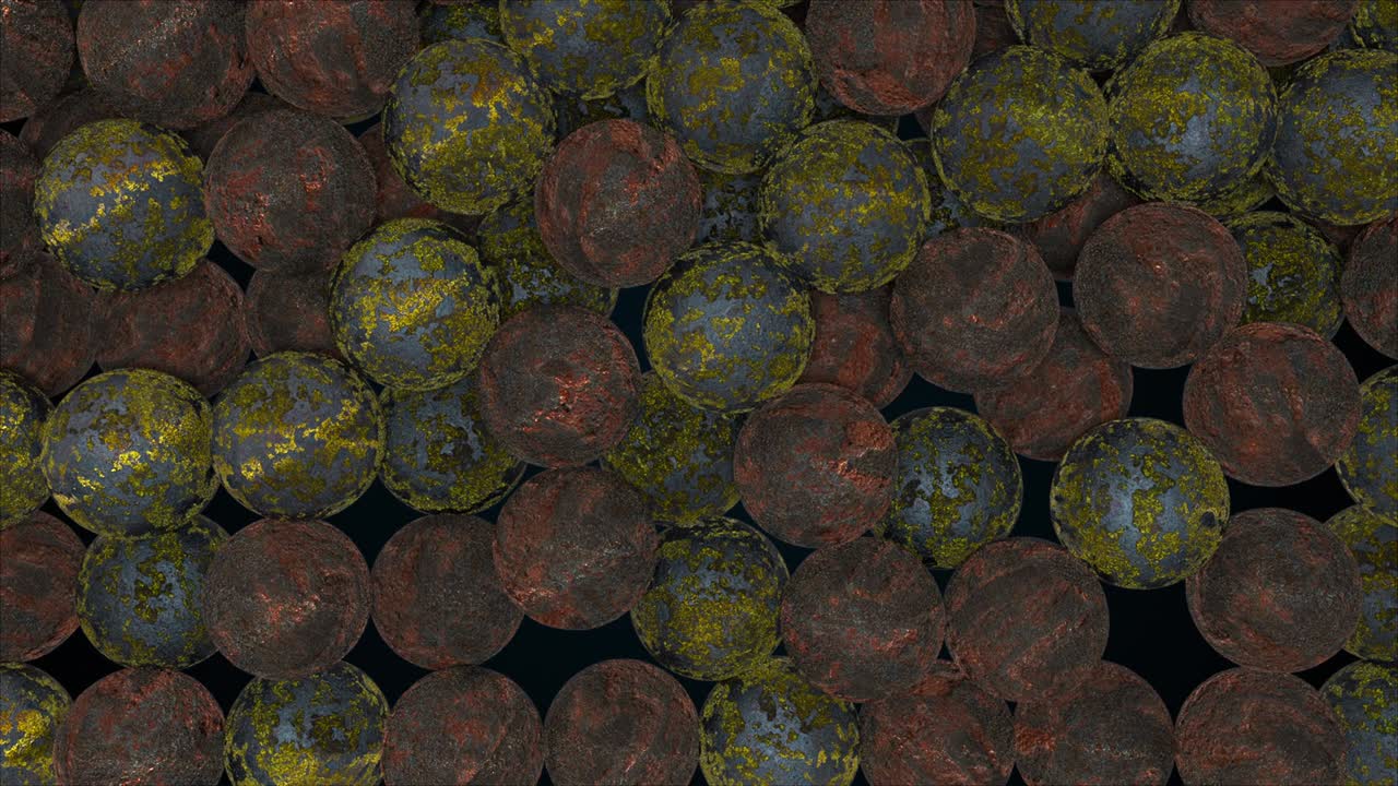 무너지는 많은 녹은 구, 컴퓨터 생성. 추상적인 오래된 배경의 3d 렌더링