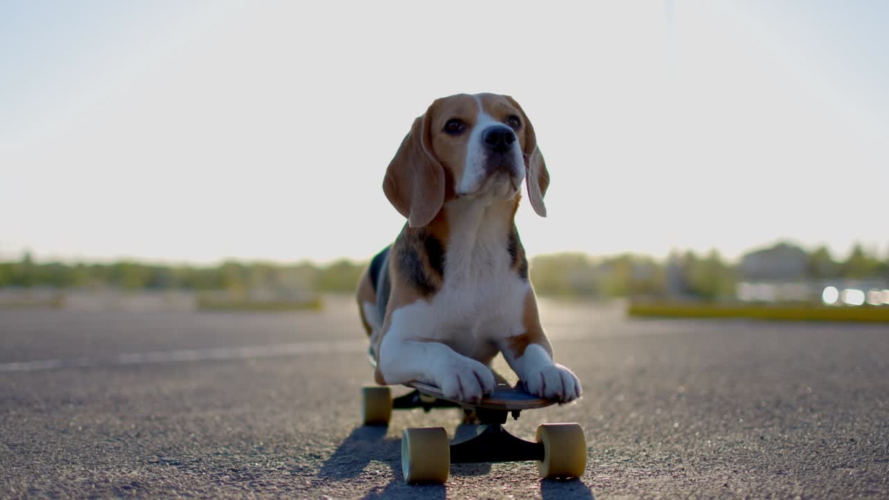 el perro beagle posa en una patineta en el estacionamiento. vídeo de retrato. cámara lenta