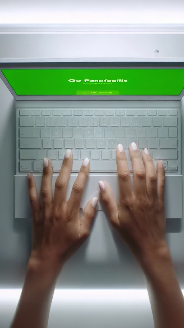A close-up view of hands typing on a sleek laptop keyboard, illuminated by a bright screen displaying a green background with text for an engaging digital interaction