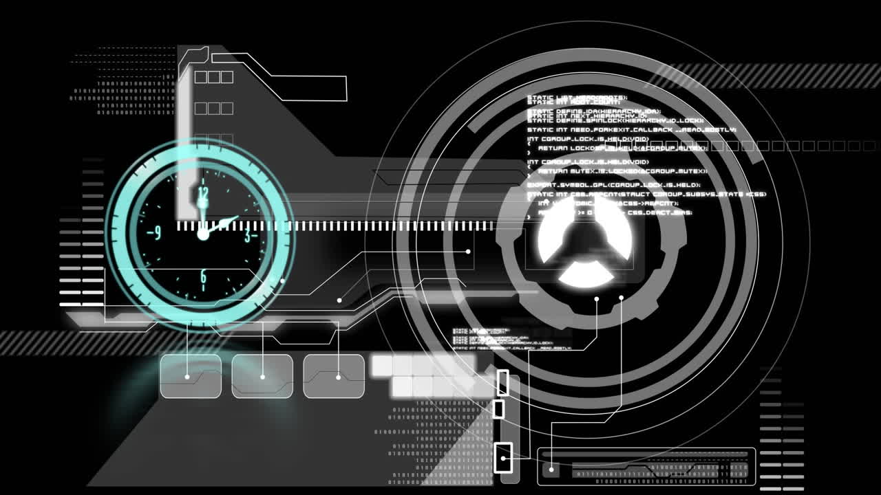 Animation of clock, scope scanning and data processing on digital screen