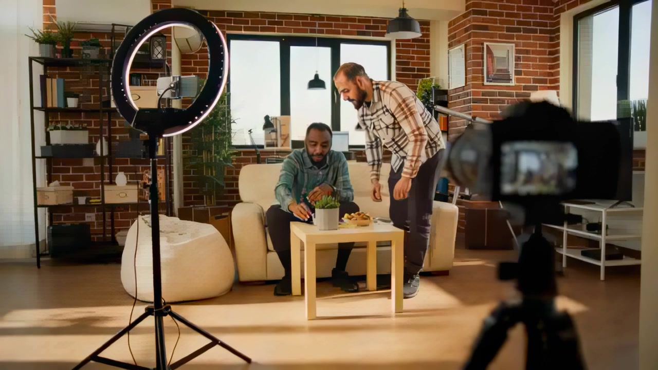 Reaching plaid man placing plate as teal-hoodie sitting checking cell on couch staging with camera