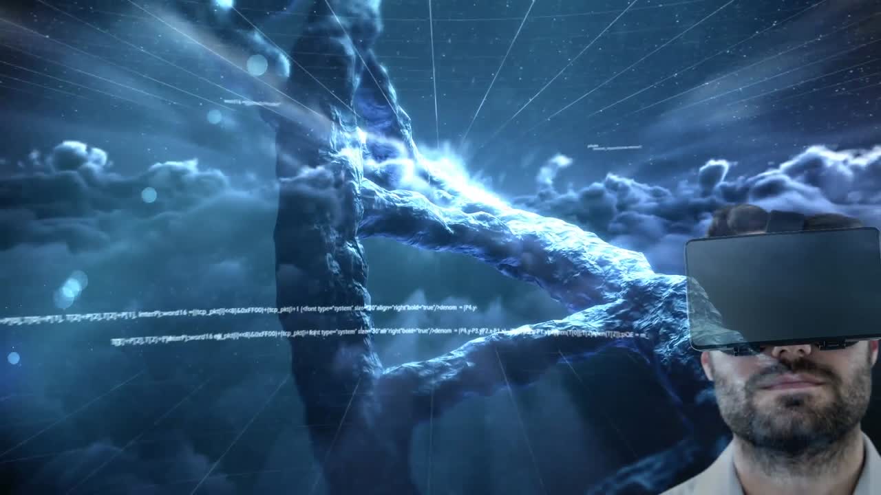 animación de la hebra de adn girando, hombre con auriculares vr contra el cielo con nubes
