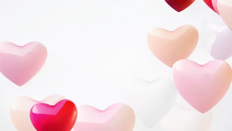 corazón rojo emergiendo entre corazones rosados flotando suavemente contra un fondo blanco limpio, simbolizando el amor y el romance