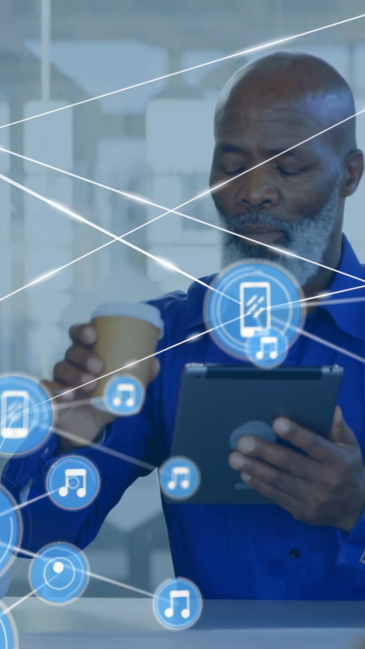 Vertical video: man tapping tablet causing tech overlay nodes growing over him sipping cup for apps