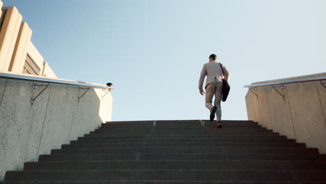 city, handshake and business men on stairs