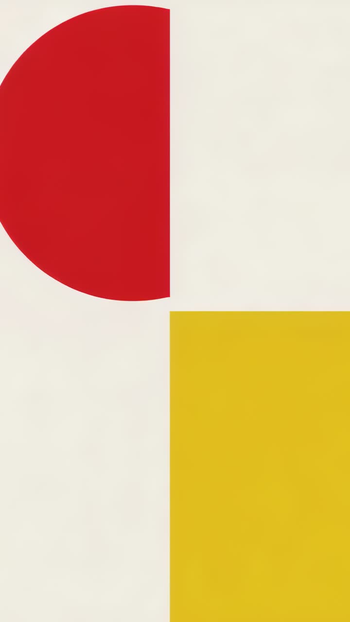 Vertical video: Starting red disc sliding on canvas past tan panel yellow block looping, copy space