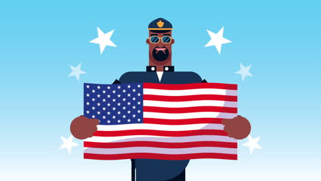 oficial de policía con animación de la bandera de los estados unidos