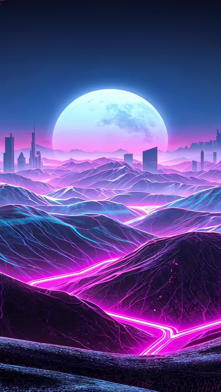 Vertical video: Glowing neon veins tracing wire-grid hills at night with full moon and skyline