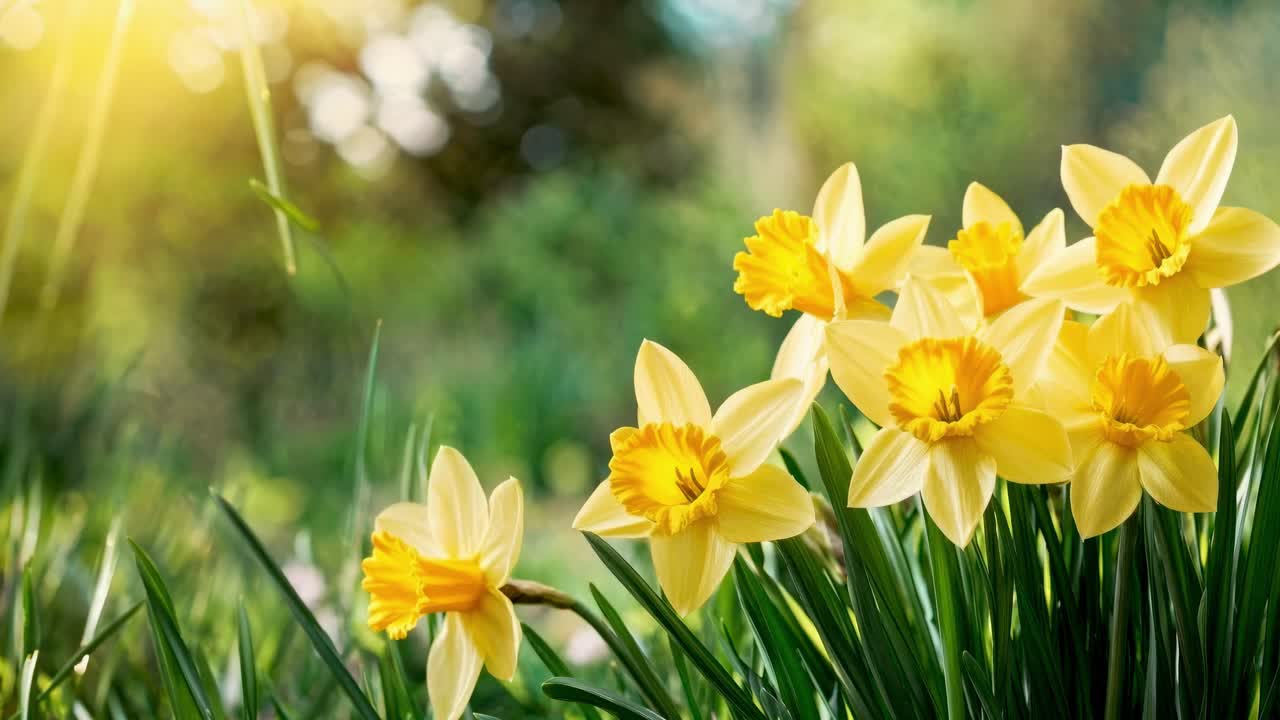 Close-up video of vibrant yellow daffodils in a garden, captured from a low angle