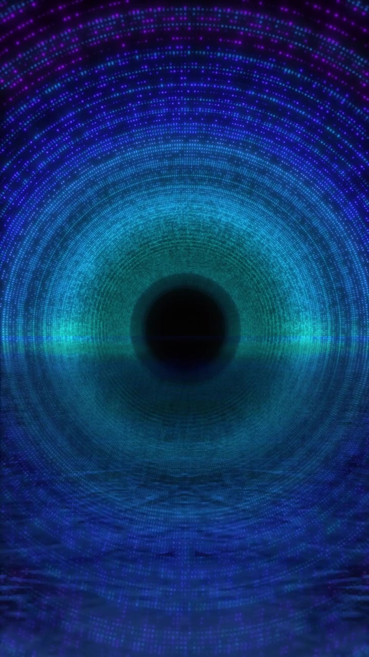 Teal particle arch portal visual with glowing dotted tunnel water reflection and deep cyber