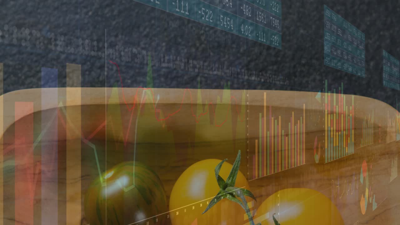 Verwischende Diagramme tauchen auf, eine Holzschale mit Tomaten als Anker, während sich Farbbalken verschieben und Verkäufe anzeigen