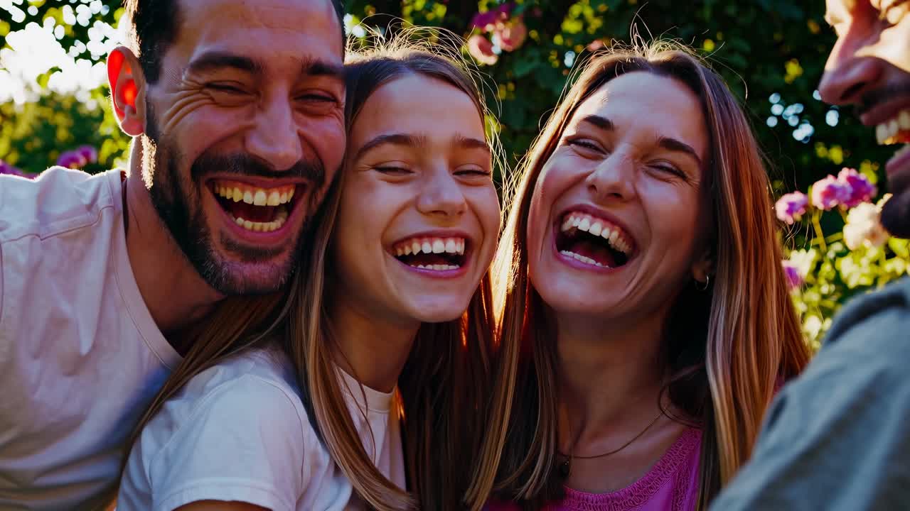 Close-up video still of a joyful family laughing outdoors, captured from a low angle with sunlight