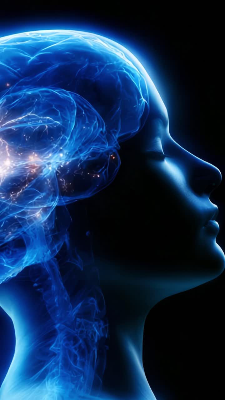 Una exploración visual cautivadora de una silueta humana con un cerebro brillante, que muestra intrincadas conexiones neuronales y una vibrante actividad eléctrica
