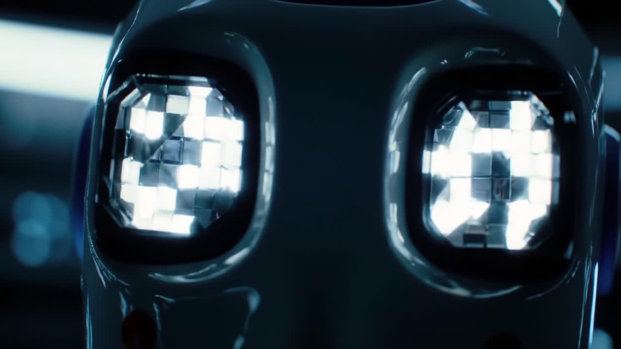 Close-Up Views of a Futuristic Robot's Illuminated Display, Showcasing Technological Design and Advanced Optical Features in a Dimly Lit Environment
