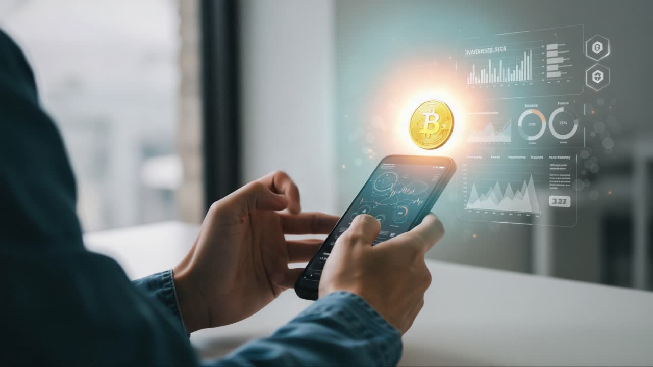 A User Engages with Cryptocurrency App on Mobile Device, Visualizing Data Trends and Financial Metrics with Enhanced User Interactions and Digital Currency Insights
