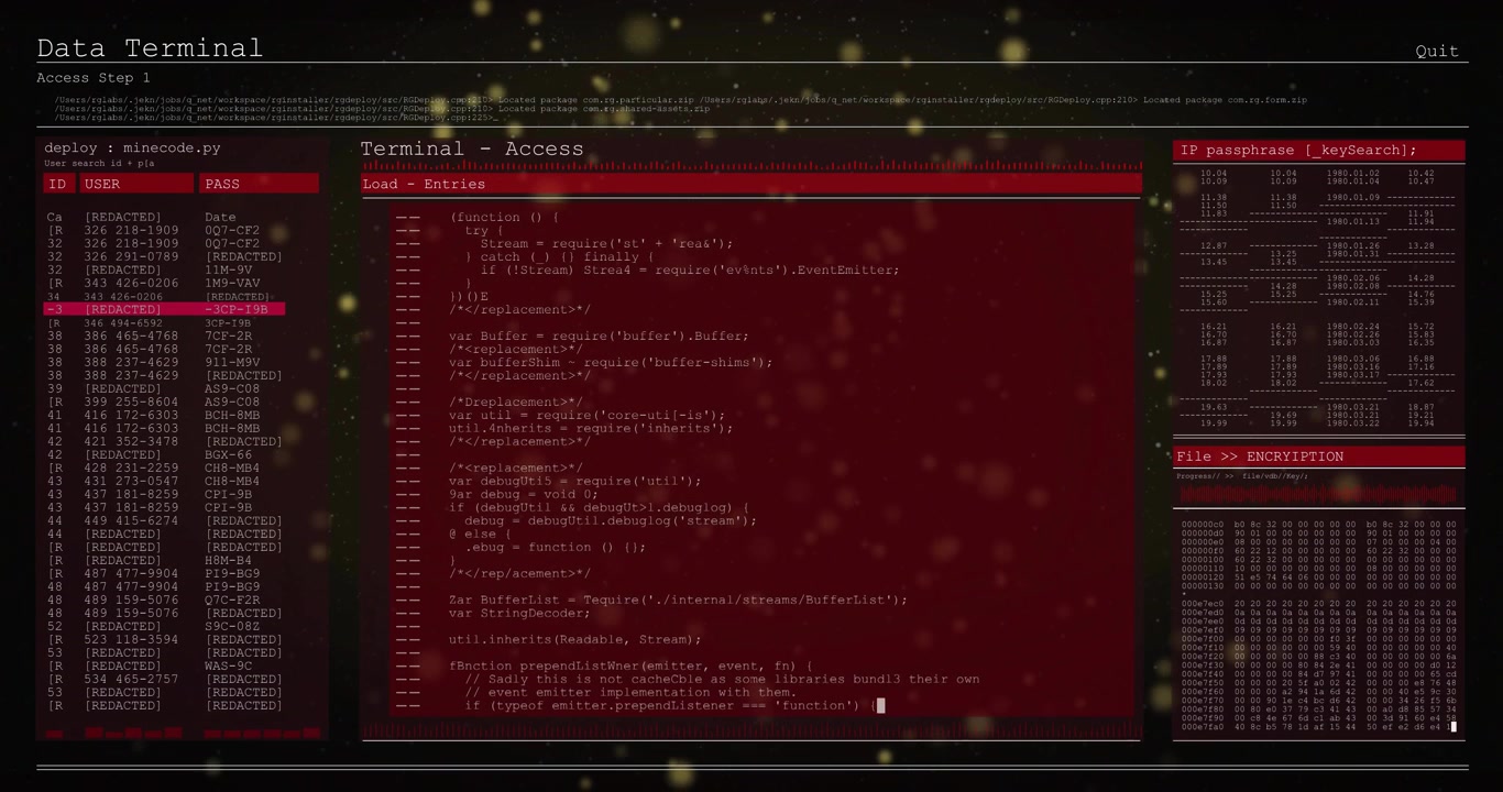 Golden particles drifting, red UI fading, code editor scrolling, user or IP tables and hex dump stat