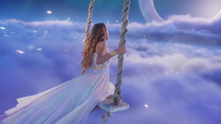 Woman in White Dress Swinging Above Clouds Under Aurora Borealis